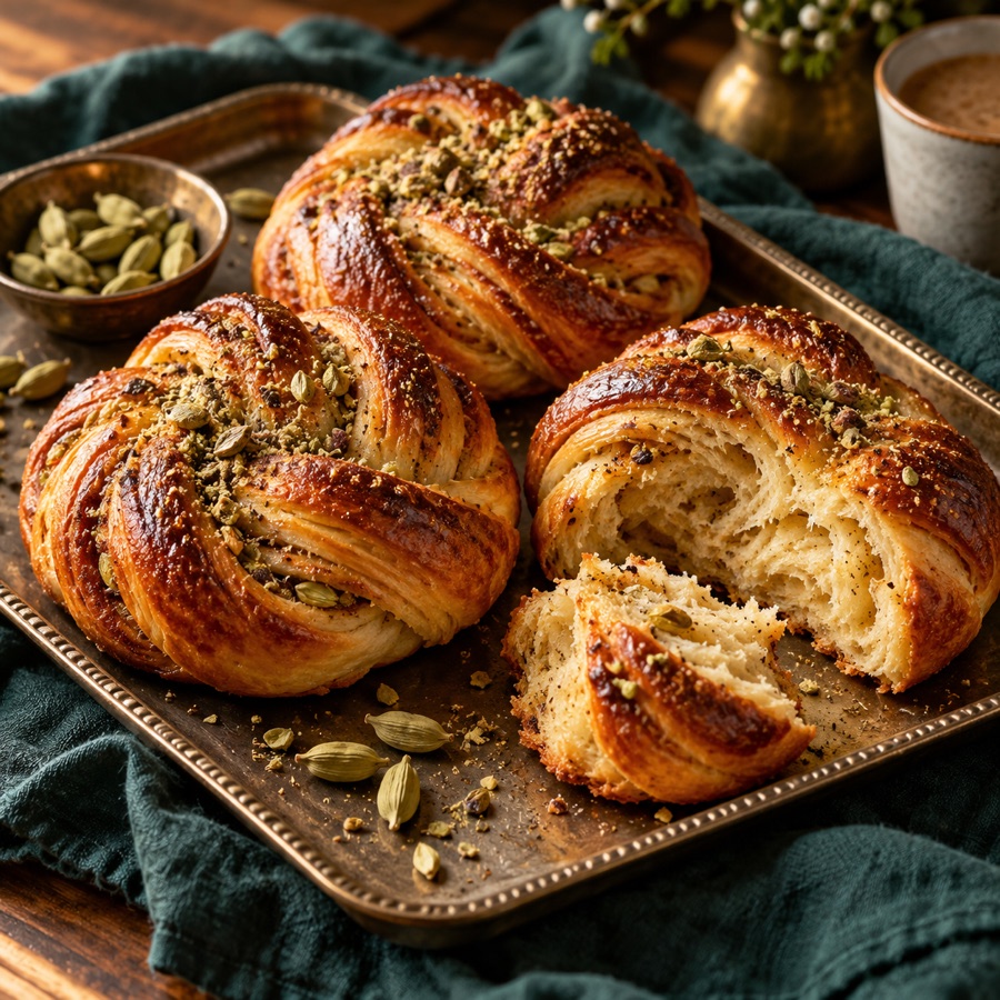 A tray of freshly baked cardamom buns on a dark teal cloth.