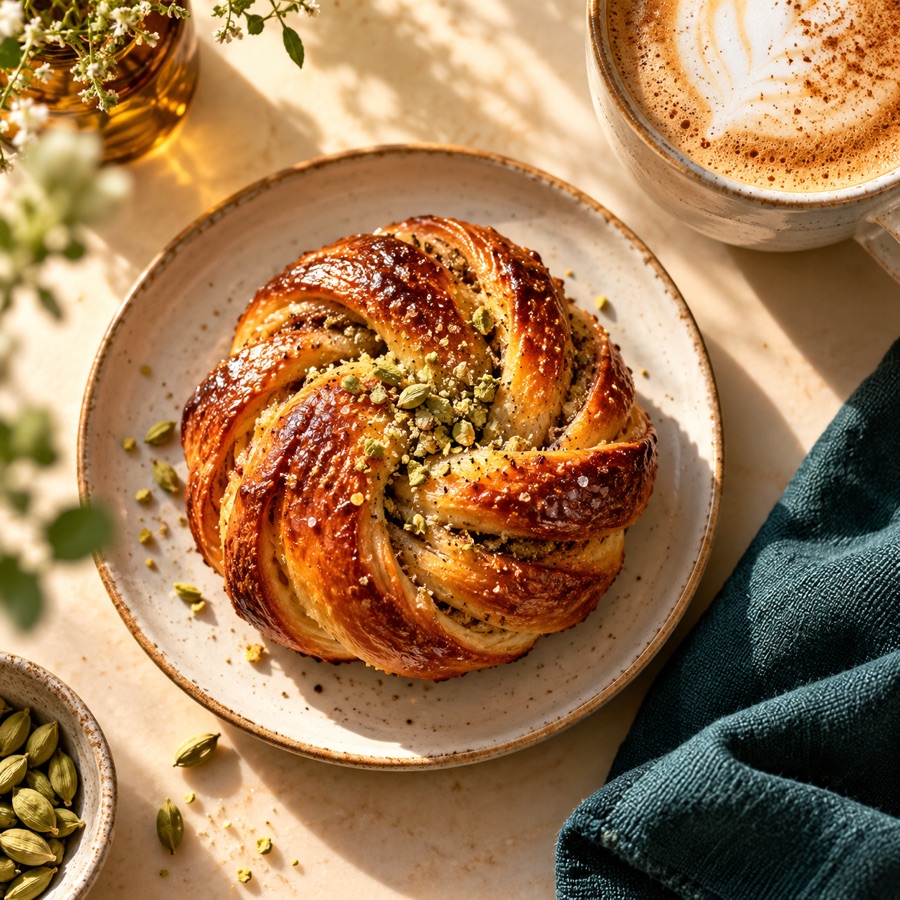 One cardamom bun on a cream plate beside a latte.