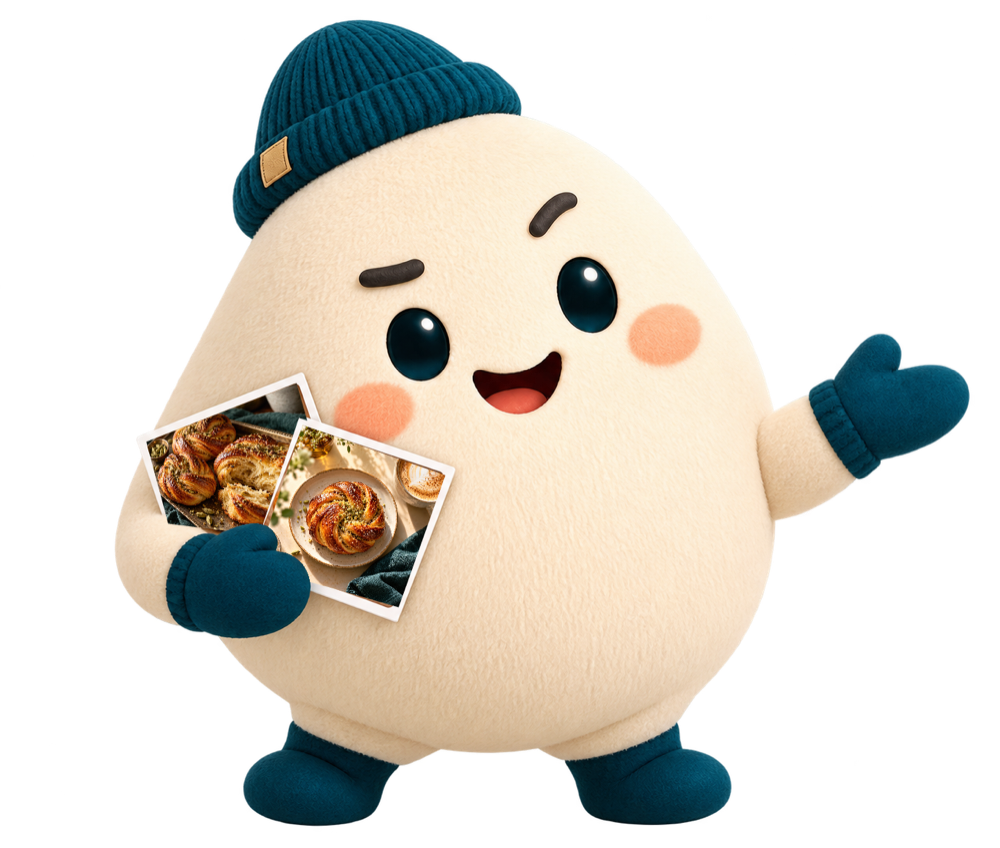 The Acumano mascot holding the two sample bakery pictures and pointing to the demo form.