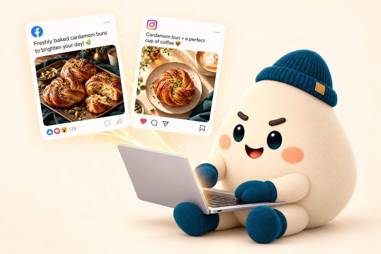 The Acumano mascot at its laptop with two prepared posts for a fictional bakery: a Facebook post showing a tray of cardamom buns, and an Instagram post showing one bun with coffee.