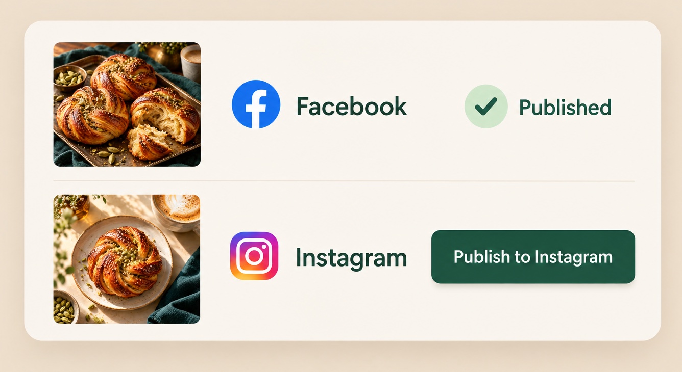 Illustration: the Facebook post is marked Published and the Instagram post is waiting for its own Publish to Instagram button.