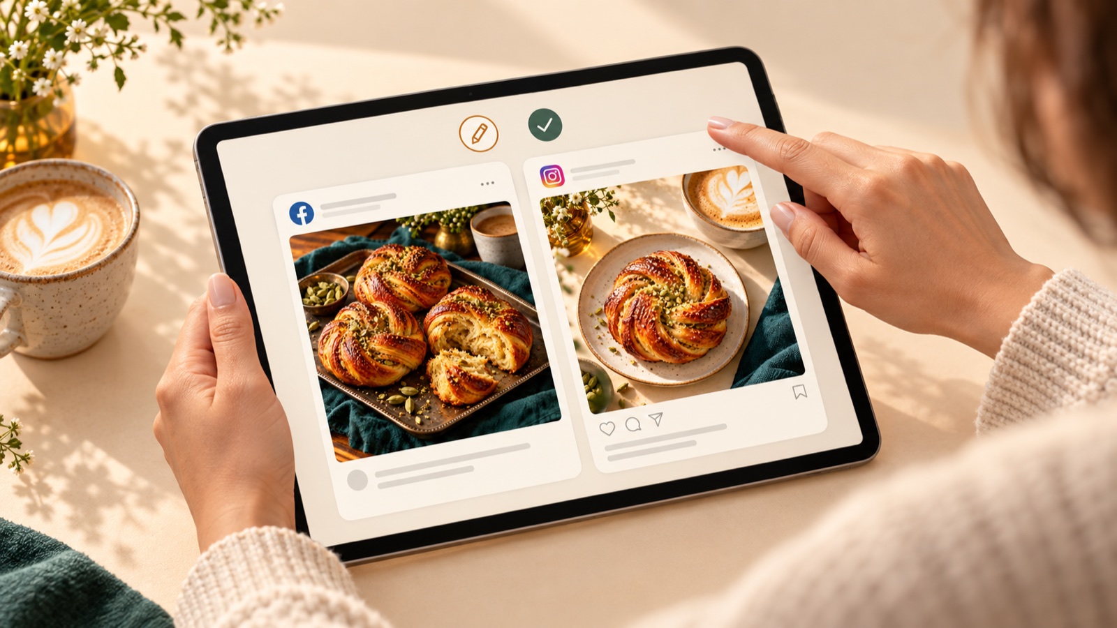 A business owner reviewing two prepared posts on a tablet: a Facebook post with a tray of cardamom buns and an Instagram post with one bun and coffee.