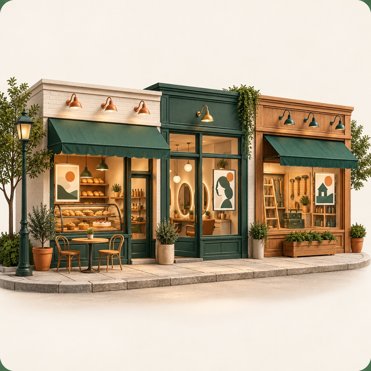 Three small shopfronts side by side: a bakery café, a hair salon and a hardware shop.